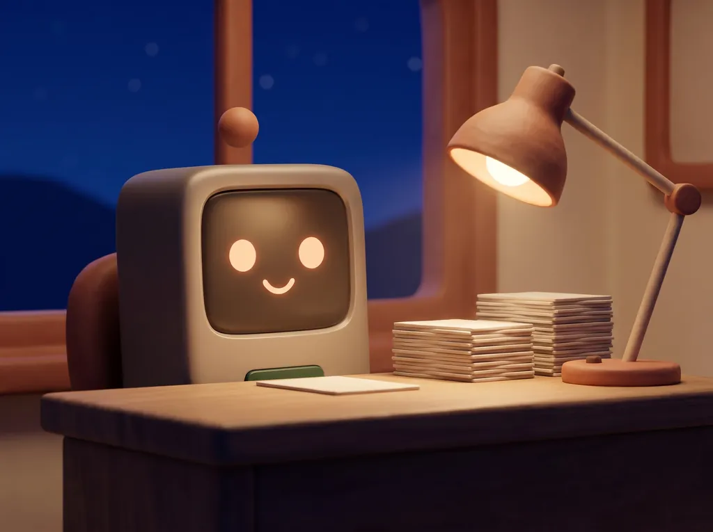 MOCO™ at a desk at night, lamp on, work stacked and moving