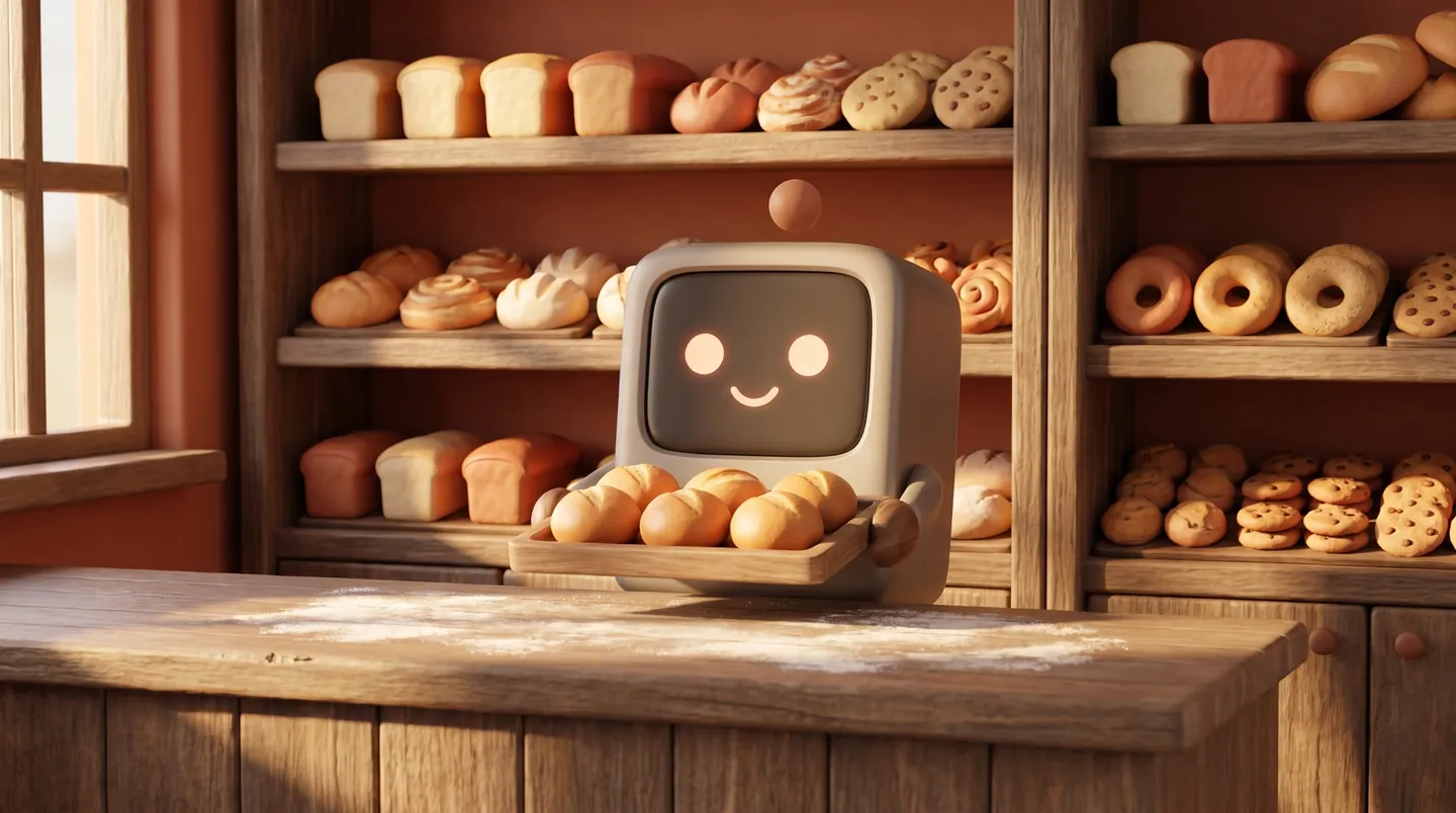 A baker shaping loaves at a wooden bench with bread cooling behind
