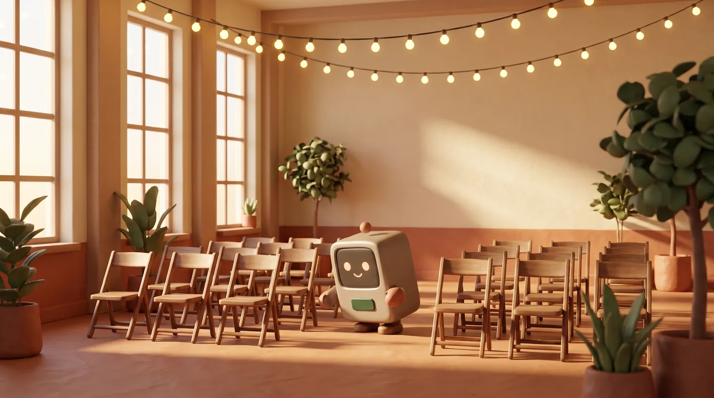 A community hall set up for a gathering, chairs in rows and light through tall windows