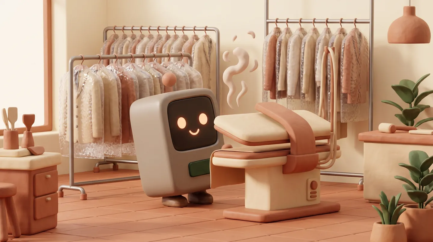 A dry cleaner behind the counter with garments on the rail