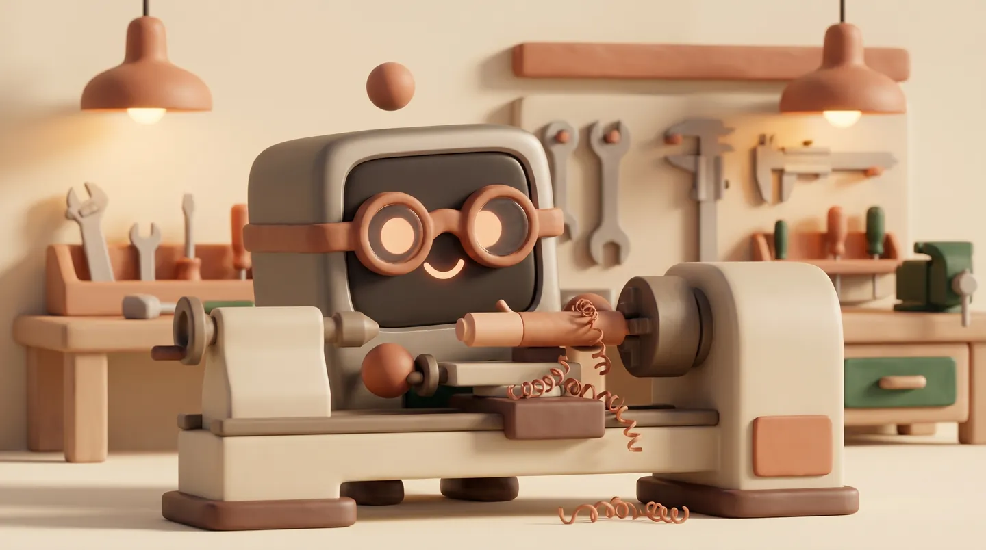 A machinist at a lathe in a small machine shop